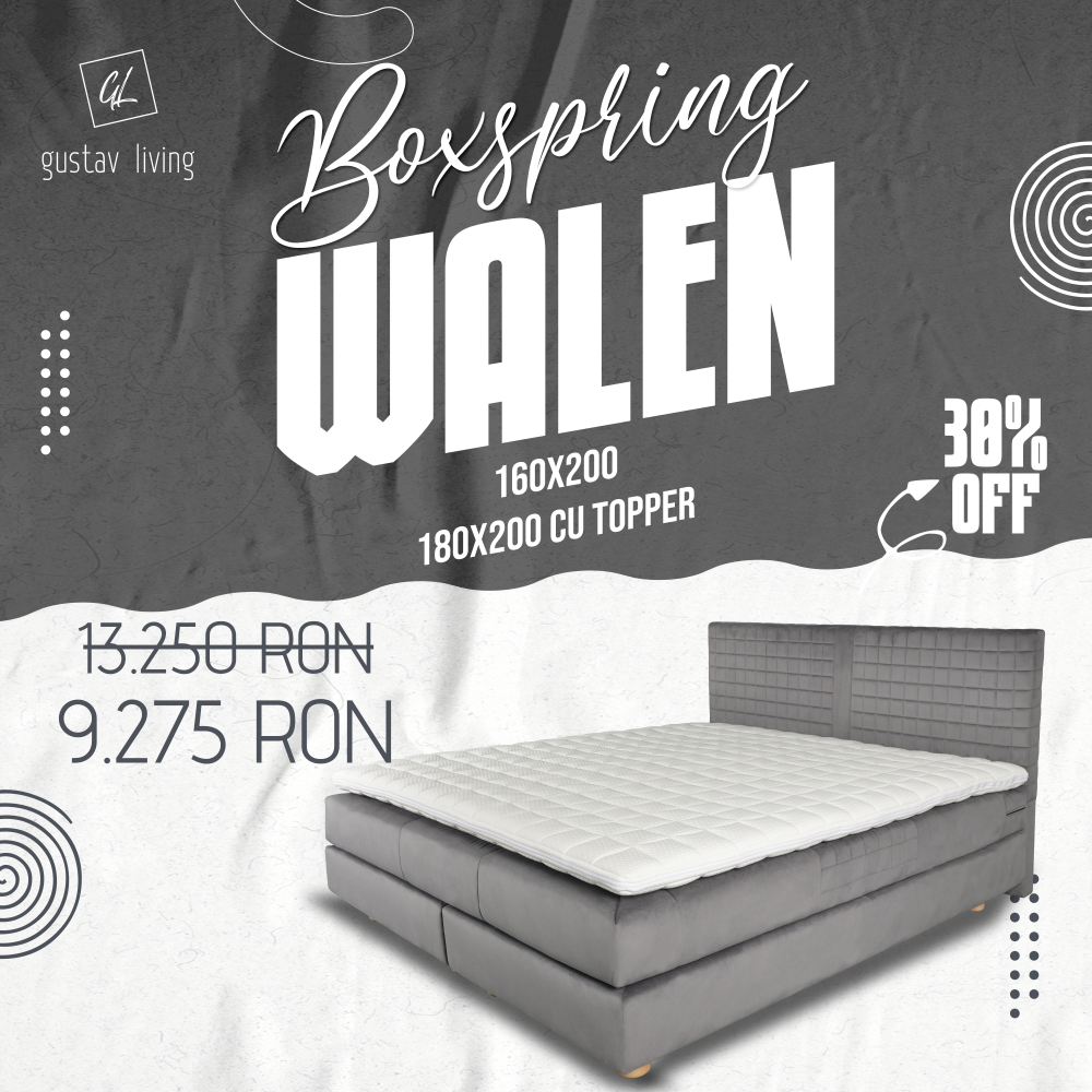 Pat Boxspring Walen, digital sewing, cu inaltime capat pat 110 cm, saltea inclusa, fara topper